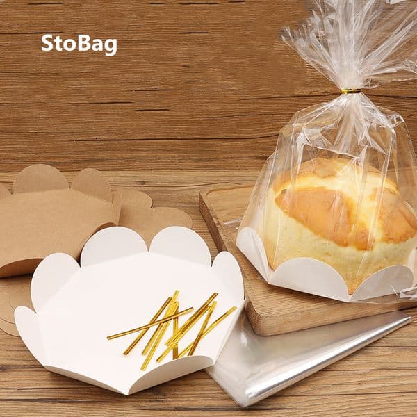 StoBag 20pcs Handmade Cake Packaging Bag 6/8 Inch Cupcake Embry Toast Snack Bread Baking Transparent West Point Packaging Box 201029