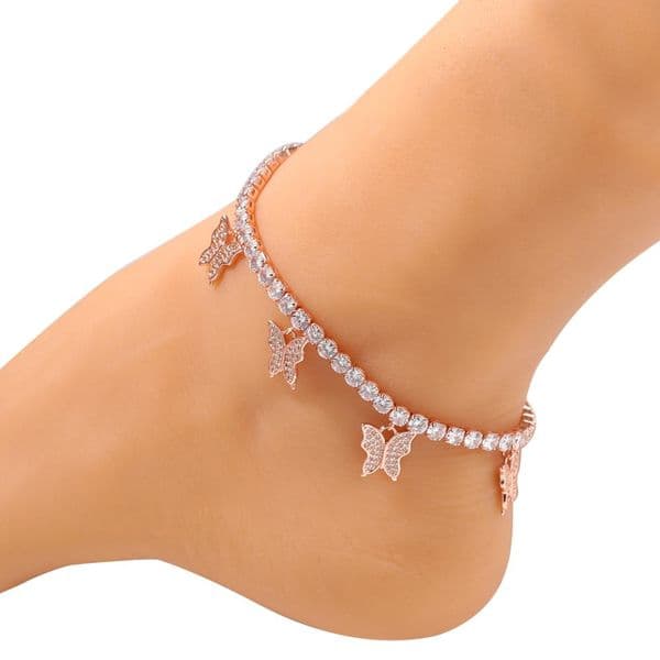 Hip Hop Copper Micro Pave CZ Iced Out Tennis Anklets Bracelet Chain with 9inch adjustable Small Butterfly ankle Punk Miami Cuban Link Bracelets