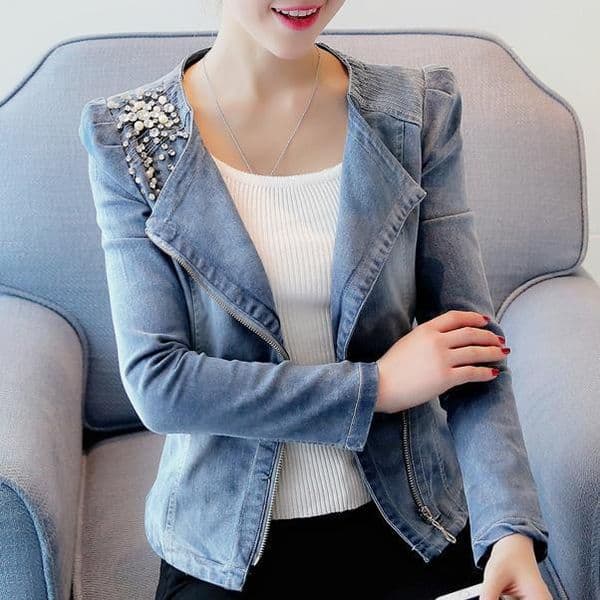 Women Denim Jackets Casual Slim Pearl Bead zipper Jeans Coat Female 201112Z