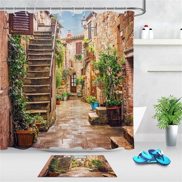 Alley in Old Italy Town European Style Shower Curtains Scenic And Mat Set Bathroom Waterproof Fabric For Nature Bathtub Decor LJ201130