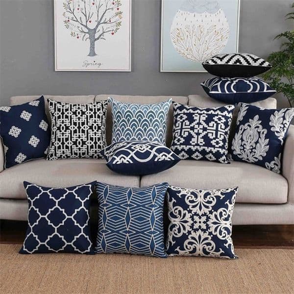 Home Decor Embroidered Cushion Cover Navy/White Pillowcase Canvas Cotton Square Embroidery Pillow Cover 45x45cm Quatrefoil LJ201216