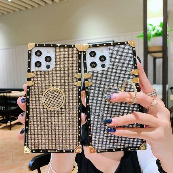 Fashion Square Rhinestone Phone Cases For iPhone 18 17 16 15 Pro Max 14 14Plus 13 12 11 15Pro Bling Metal Kickstand Cover Back Galaxy S25 S24 S23 S22 S21 Note 20 Case