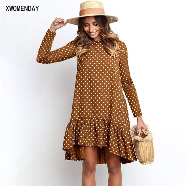 Chiffon Dress Autumn Winter Casual Loose Blue Long Sleeve Polka Dot Ruffle Dresses For Women Fashion Fall Clothes For Women 201028