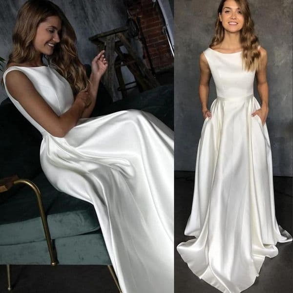 Simple New Satin A Line Wedding Dresses With Pocket Elegant Sleeveless O Neck Floor Length Bridal Gowns Bride Dress Cheap Customized 403
