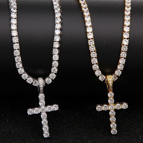 Iced Out Zircon Cross With 4mm Tennis Chain Set Men's Hip hop Jewelry Gold Silver CZ Pendant Necklace 1: 1 Replication