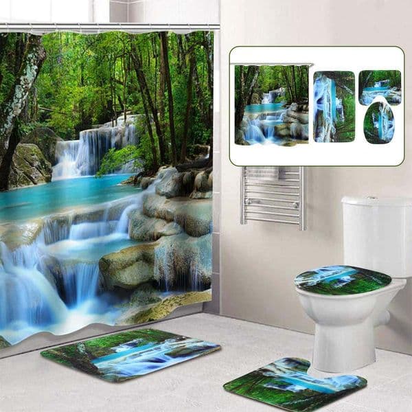 3D Waterfall Scenery Waterproof Shower Curtain Bathroom Landscape Trees Flower Bath Mat Set Pedestal Rug Lid Toilet Cover LJ201130