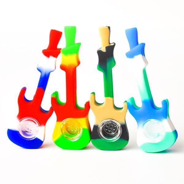 Guitar Shape Silicone Smoking Pipe Tobacco Hand Spoon Pipes Heat Hand Pipes with Glass Bowl