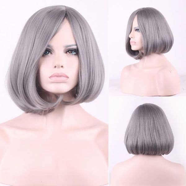 Custom Natural Gray Short Bob Cut Synthetic Women Full hair wig + long side bang