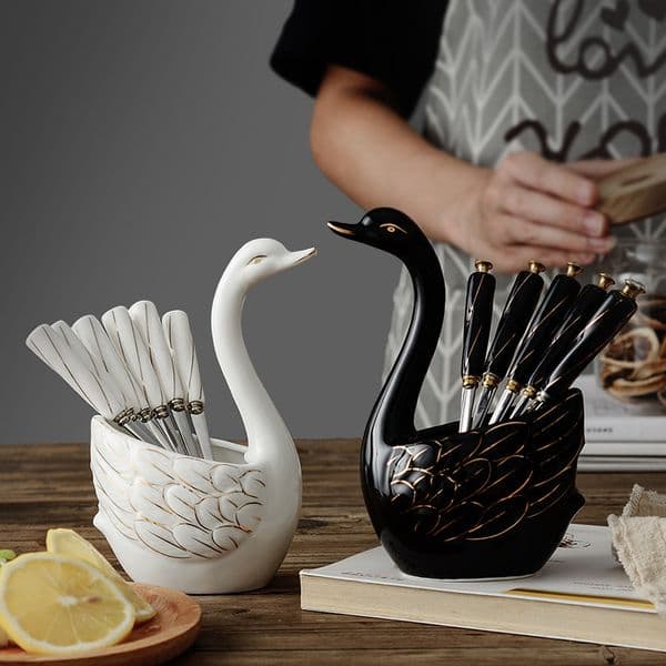 Ceramic Swan Fork Spoon Stand Holder Fruit Forks kitchen Set Cutlery Cake Dessert Fork Snack Fork Tableware Set Y200111