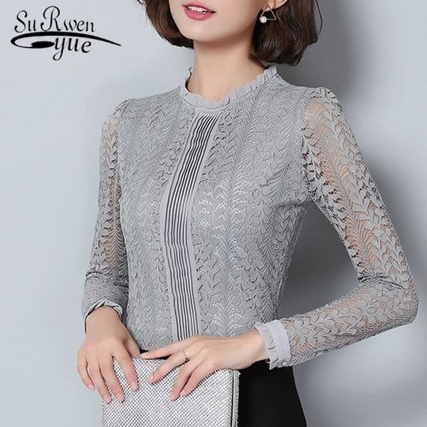 New fashion lace women blouse shirt long sleeve slim gray women's clothing plus size hollow out women tops bluasa C903 30 201029
