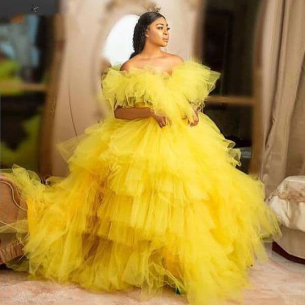 Plus Size Prom Dresses Tiered Puffy Party Dress abiye Formal Dress Long Robe De Soiree Yellow Tulle Evening Gown Off Shoulder