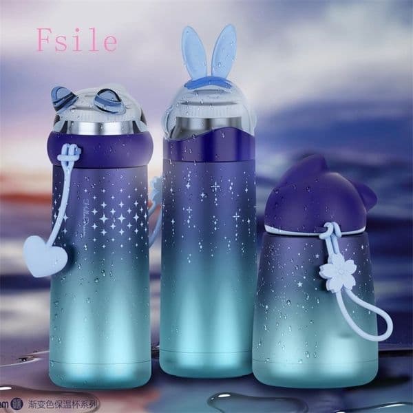Fsile Creative Gradient Color Rabbit Wit Cat Thermos Cup Portable Student Men and Women Vacuum Stainless Steel Water Bottle 201204