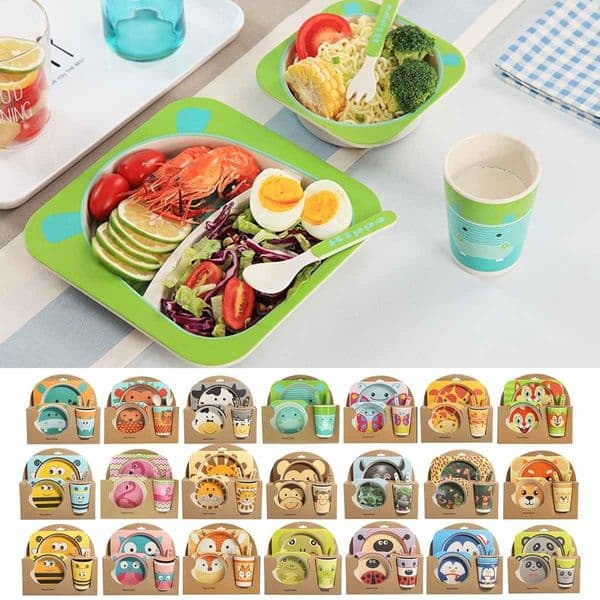 5Pcs Children's Tableware Set Cartoon Bamboo Fiber Bowl + Cup+Spoon+Plate+Fork Feeding Dishes Tableware Y200111