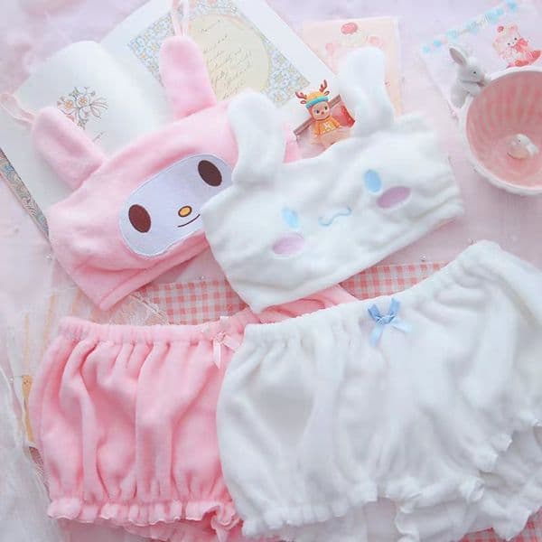 Girls Plush Pajamas Set Anime Cute Velvet Fluffy Tube Top Shorts Comfortable Cute Rabbit Ear Pajamas Girl Home Service 220309