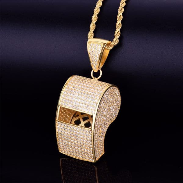 Gold Plated Iced Out Bling CZ Whistle Pendant Necklace with 24inch Rope Chain for Men Women Nice Gift