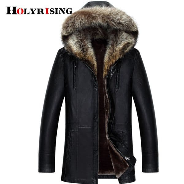 HOlyrising Winter PU Jackets Leather Coat Men's Fur Hooded Faux Leather Jackets Thicken men winter coat Plus Size 3XL 4XL 18296 201120Z
