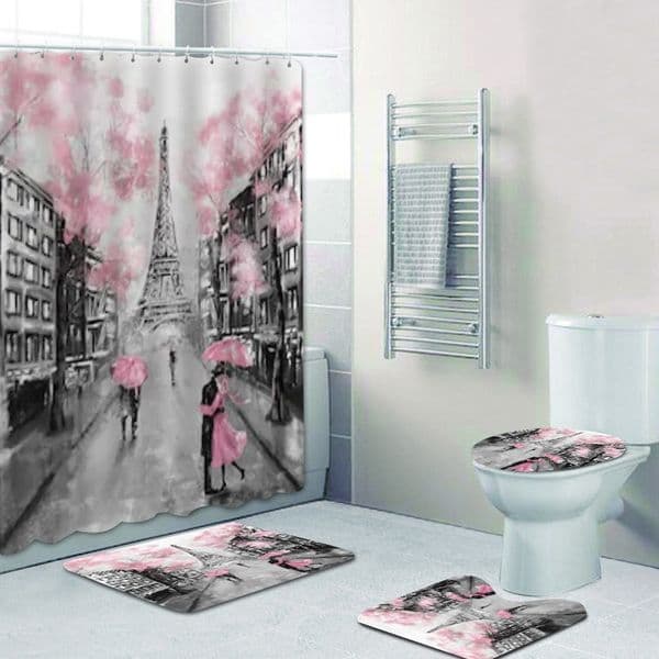 Elegant Pink Paris Tower Shower Curtains Bathroom Curtain Set 3D Floral France Paris Painting Bath Mat Rug Carpet Art Home Decor LJ201130