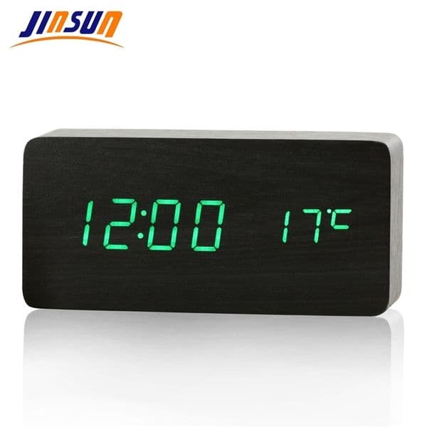 JINSUN LED Alarm Clock Time/date/temperature Digital Bamboo Wood Voice Table Clocks LED Display Desktop Digital Table Clocks LJ201212
