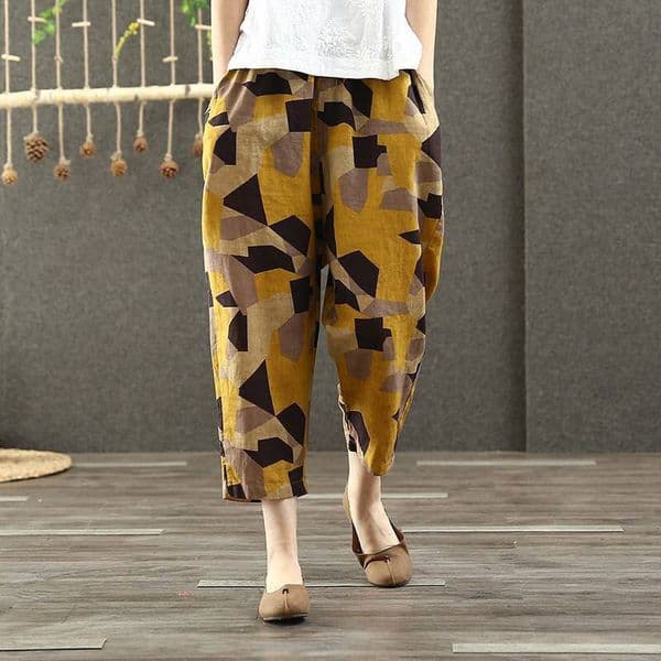 F&je Spring Summer Women Pants Plus Size Elastic Waist Geometric Cotton Linen Harem Pants Vintage print Loose Wide Leg Pants D44 210319