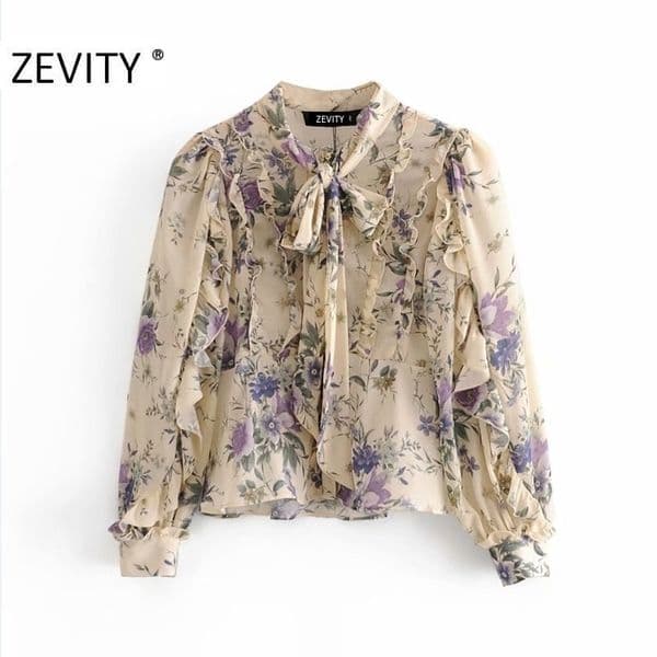 ZEVITY women fashion flower print pleat ruffles chiffon smock blouse shirt women lantern sleeve bow tied blusas chic tops LS7250 201201BJ
