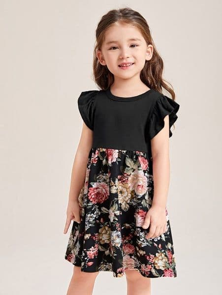 Toddler Girls Floral Panel Ruffle Trim Dress SHE