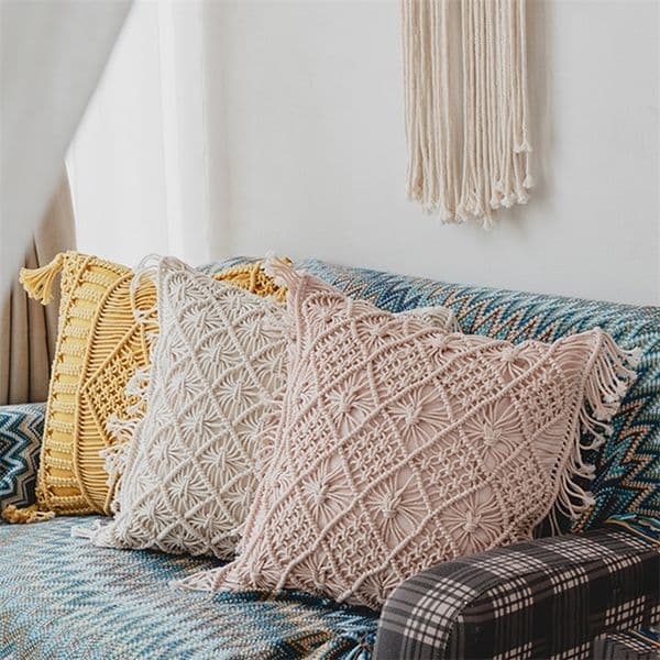 Boho Style Cushion Cover Yellow Pink Grey Hand Made Woven Pillow Cover Tassels Home decoration Macrame Pillow Case For sofa Bed LJ201216