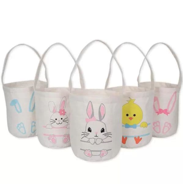 Egg Storage Basket Canvas Bunny Ear Bucket Creative Easter Gift Bag with Rabbit Tail Decoration Party Favor
