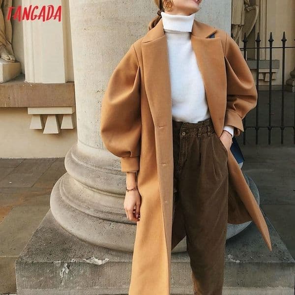 Tangada winter women khaki woolen coat warm thick with slash elegant puff long sleeve coat female overcoat SP19 201103
