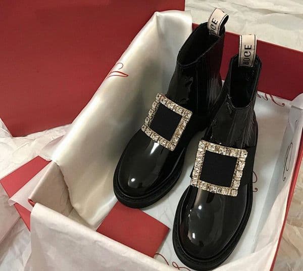 patent leather square buckle rhinestone elastic short boots autumn and winter sleeve Chelsea black Martin boot round toe single womeny