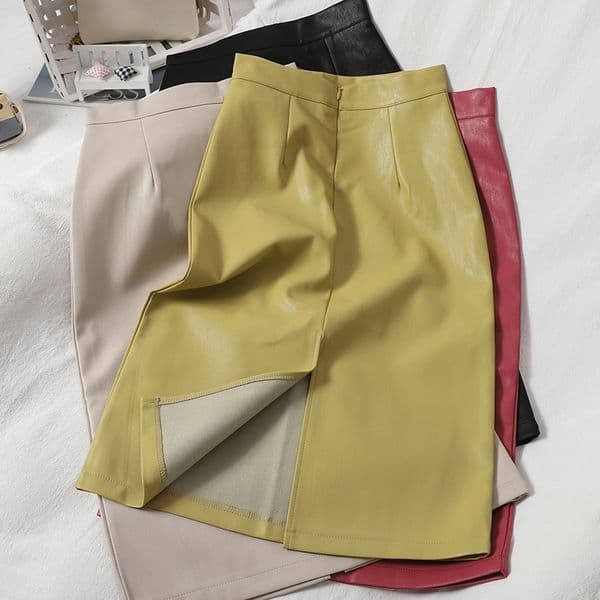 HELIAR Women PU Leather Skirts High Waist Solid Straight Elegant Split Skirt Midi Leather Skirts For Women Autumn Winter 210309