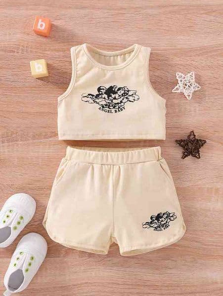 Baby Angel & Letter Graphic Tank Top & Shorts SHE