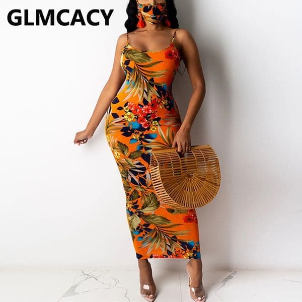 Spaghetti Strap Floral Printed Slim Maxi Dress 210702