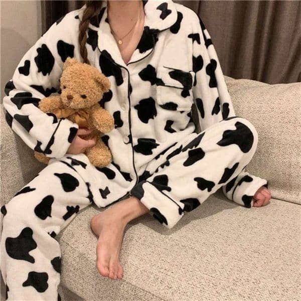 QWEEK Velvet Cow Print Pajama Woman Winter Warm Two Piece Set Sleepwear Pyjama Pour Femme Lounge Wear Trouser Suits thicken 210928