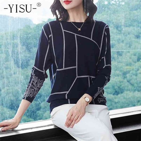 YISU Fashion Women Geometry Print Sweater Long Sleeve Jumpers Knitwear Autumn winter Pullovers high quality Knitted sweaters 210918