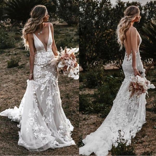 Elegant Country Mermaid Wedding Dress Deep V neck Open Flowers Lace Ruched Court Train Hollow Back Bridal Gowns New