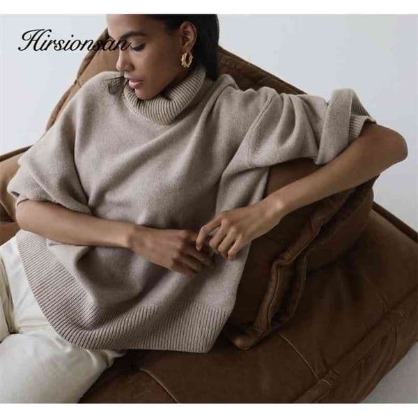Hirsionsan turtle Neck Solid Cashmere Sweater Women Elegant Soft Warm Female Knitted Pullovers Basic Loose female Jumper 210918