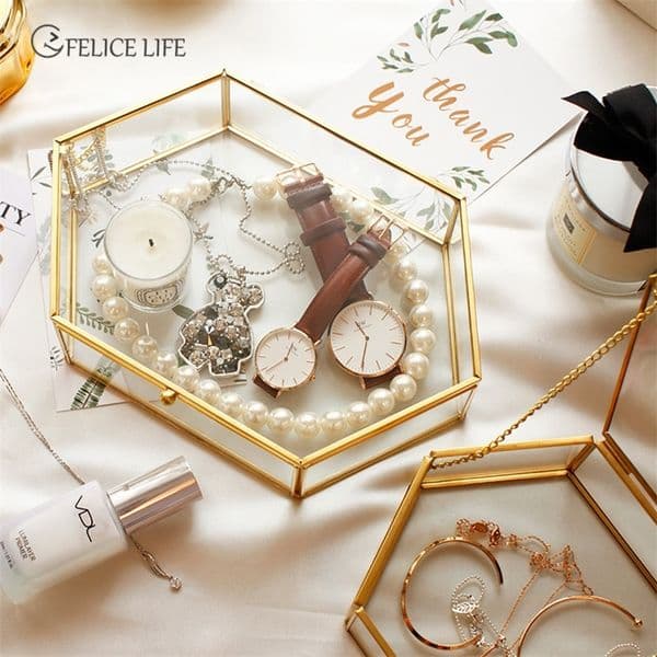 Nordic Style Glass Copper Geometry Storage Baskets Box Simplicity Style Home Organizer For Jewelry Necklace Dessert Plate 210315