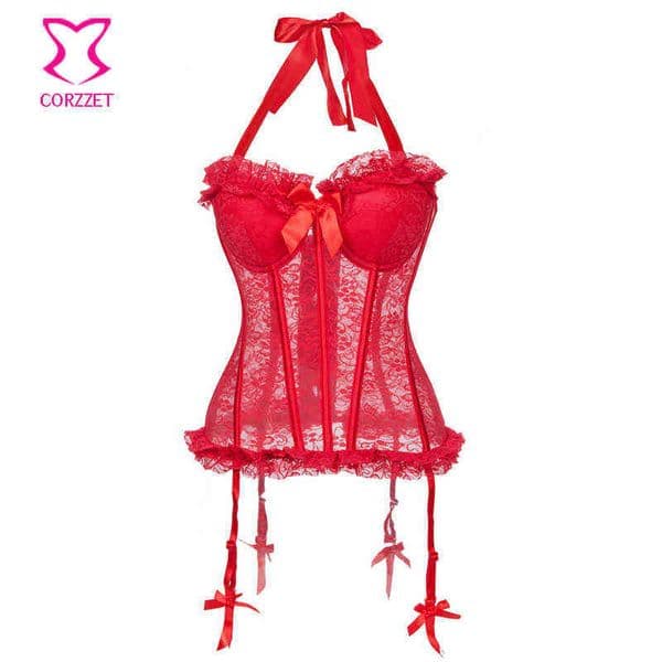 NXY sexy set Red Transparent Stretch Floral Lace Corselet Corset Lingerie Sexy Halter Neck Push Up Bustier Gothique Corsets and Bustiers 1130