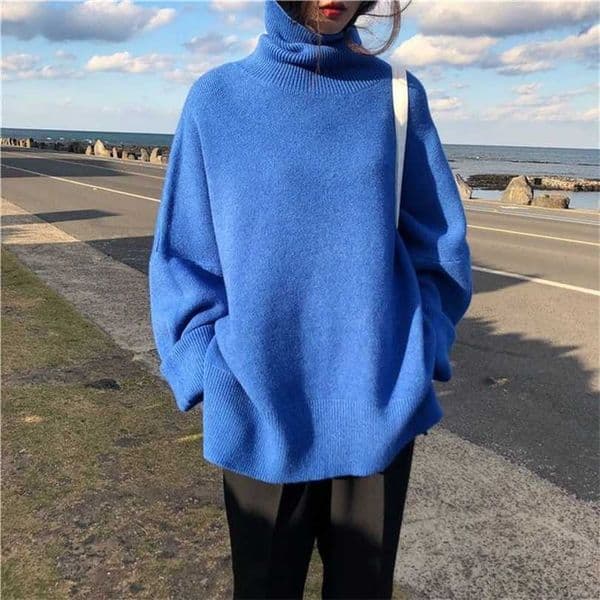 Turtleneck Collar Sweater Spring Autumn Pattern Long Sleeve Solid Knitting Pulloveres Overszie Casual Women Black Blue 211018