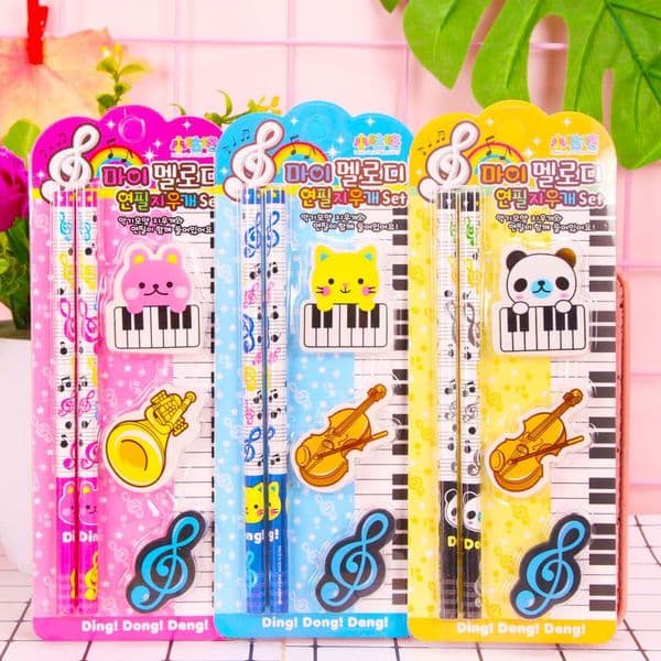 Creative Musical Notes Piano Series Animal Rubber Pencil Erasers with Wooden Pencils Stationery Set Student Korean Gifts