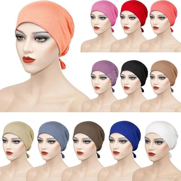Fashion Muslim Inner Cap Stretch Hijab With Rope Adjustable Women Underscarf Solid Color Islamic Turban Headwear