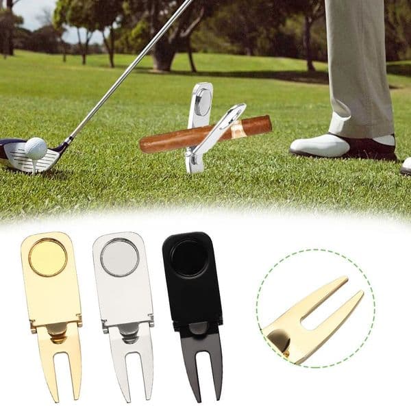 Magnetic Golf Cigar Holder Golf Divot Tool Magnet Foldable Putting Fork Pitch Groove Cleaner Accessory