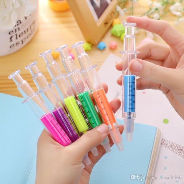 100pcs 6 Colors Novelty Nurse Needle Syringe Shaped Highlighter Markers Marker Pen Pens Stationery School Supplies