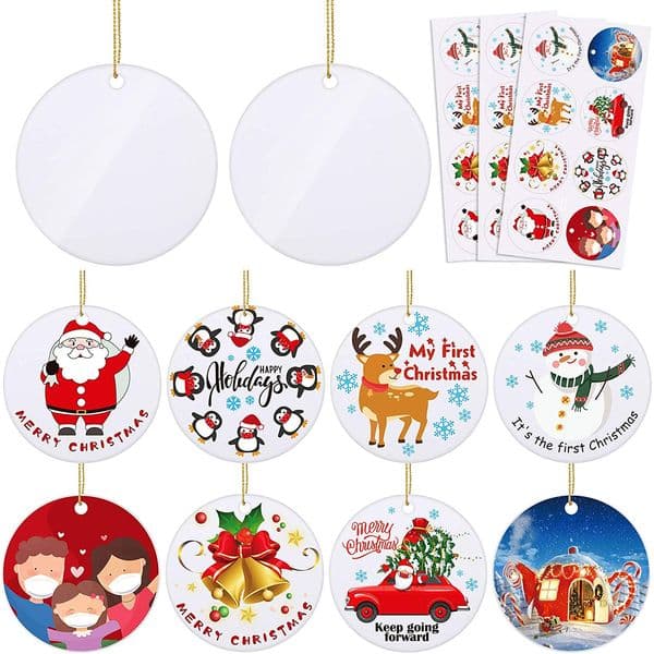 Christmas Ornament Party Sublimation White Ceramic Squard Oval Shaped Decor with Gold String Xmas Tree Hanging Pendant