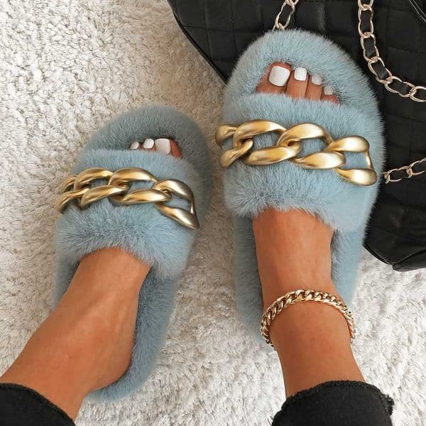 Wide Comfortable Fluffy Fur Home Slides Shoes For Ladies Winter Slipper Women Open Round Toe Flip Flops Metal Chain Big Size 43 H0914