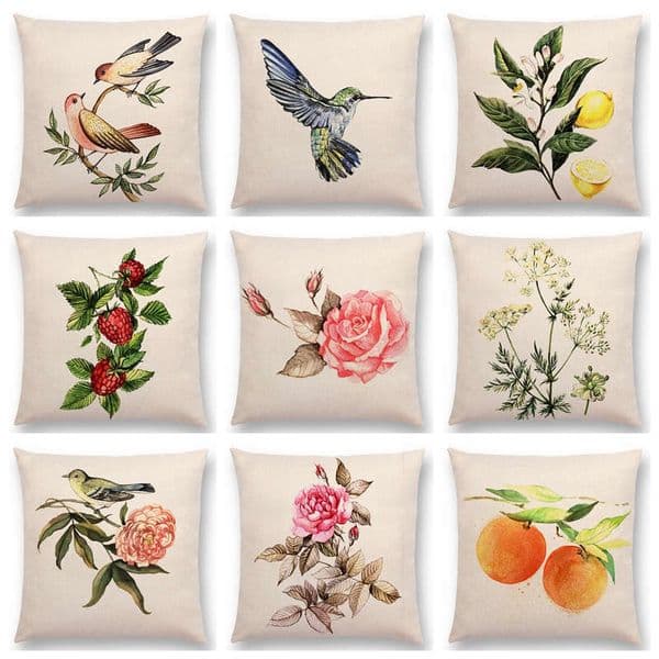 Lovely Birds Flowers Plants Sofa Pillow Hummingbird Rose Raspberries Lemon Dill Clove Almonds Cushion Cover