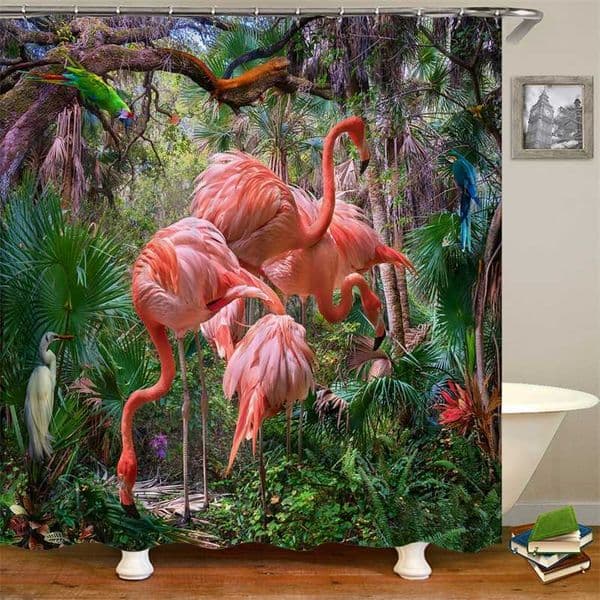 Flamingo Shower Curtains Green Leaf Bathroom Waterproof Polyester Fabric Printing Shower Curtain Decoration Bath Screen 211116