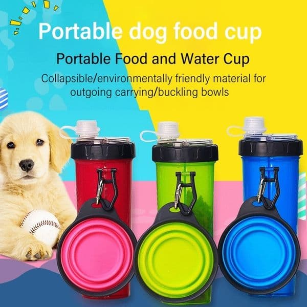 2 in 1 Pet Travel Drink Water Bottle Foldable Dog Feed Bowl Cup Travel Outdoor Food Water Drinking Dispenser Cat Y200922