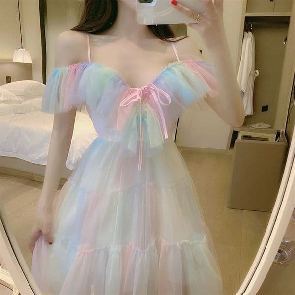 Rainbow Fairy Dress Women Elegant Sweet Party Dress Female Casual Sexy Patchwork Lace Chiffon Kawaii Dress Summer New 210309
