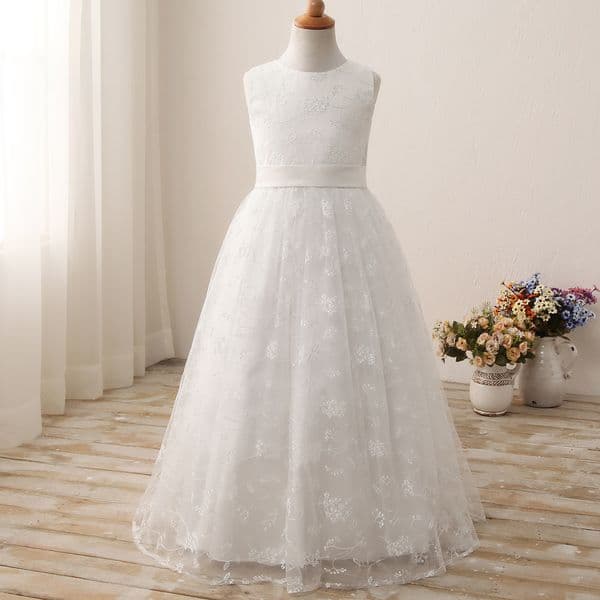 Pretty Princess Ball Gown Flower Girl Dresses 3D Floral Appliques Bow Gilrs Pageant Dress Fluffy Tulle Long lace Birthday gowns wedding dress2021
